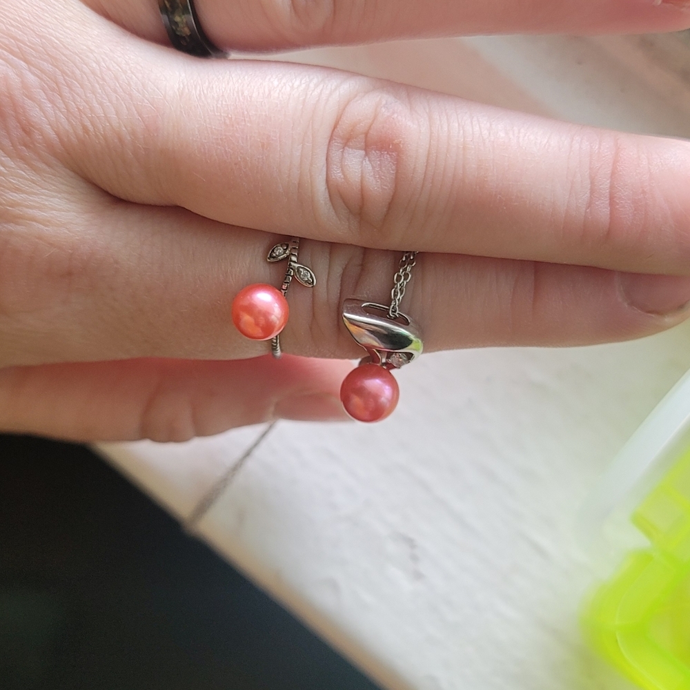 Coral color pearl jewelry 1 ring and 1 necklace matching